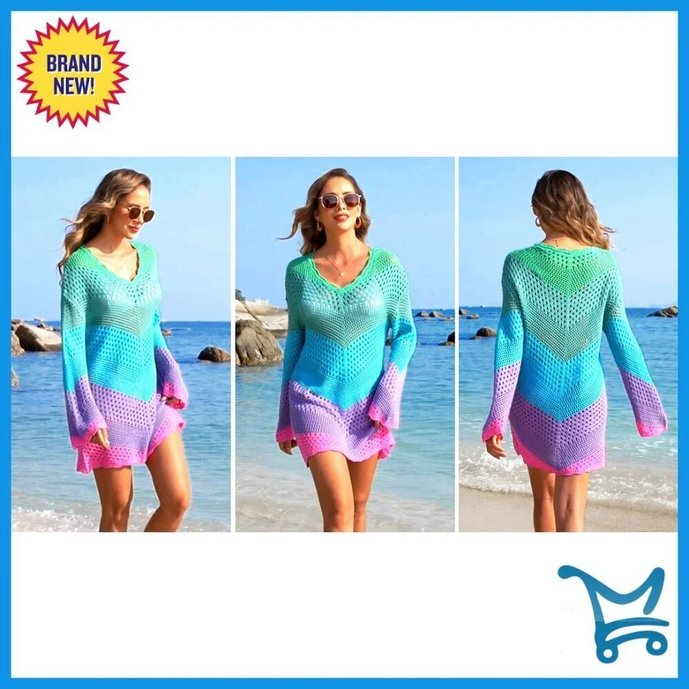 Crochet Mesh Knit Cover Up Dress V Neck Loose Fit Beach Vacation Wear